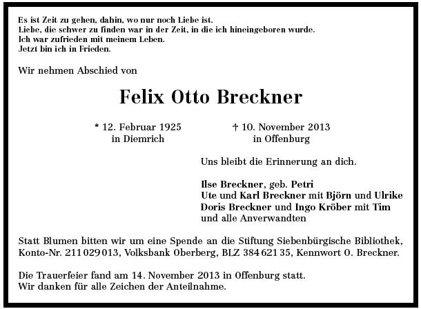 Breckner Felix Otto 1925-2013 Todesanzeige